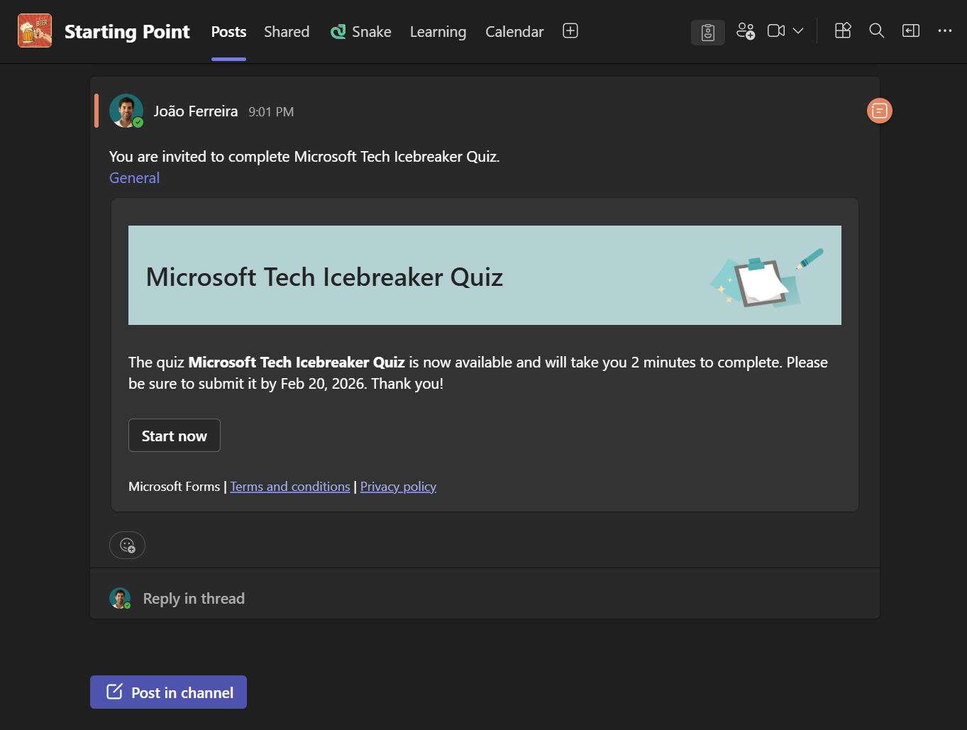 Microsoft Teams and Microsoft Forms Integration